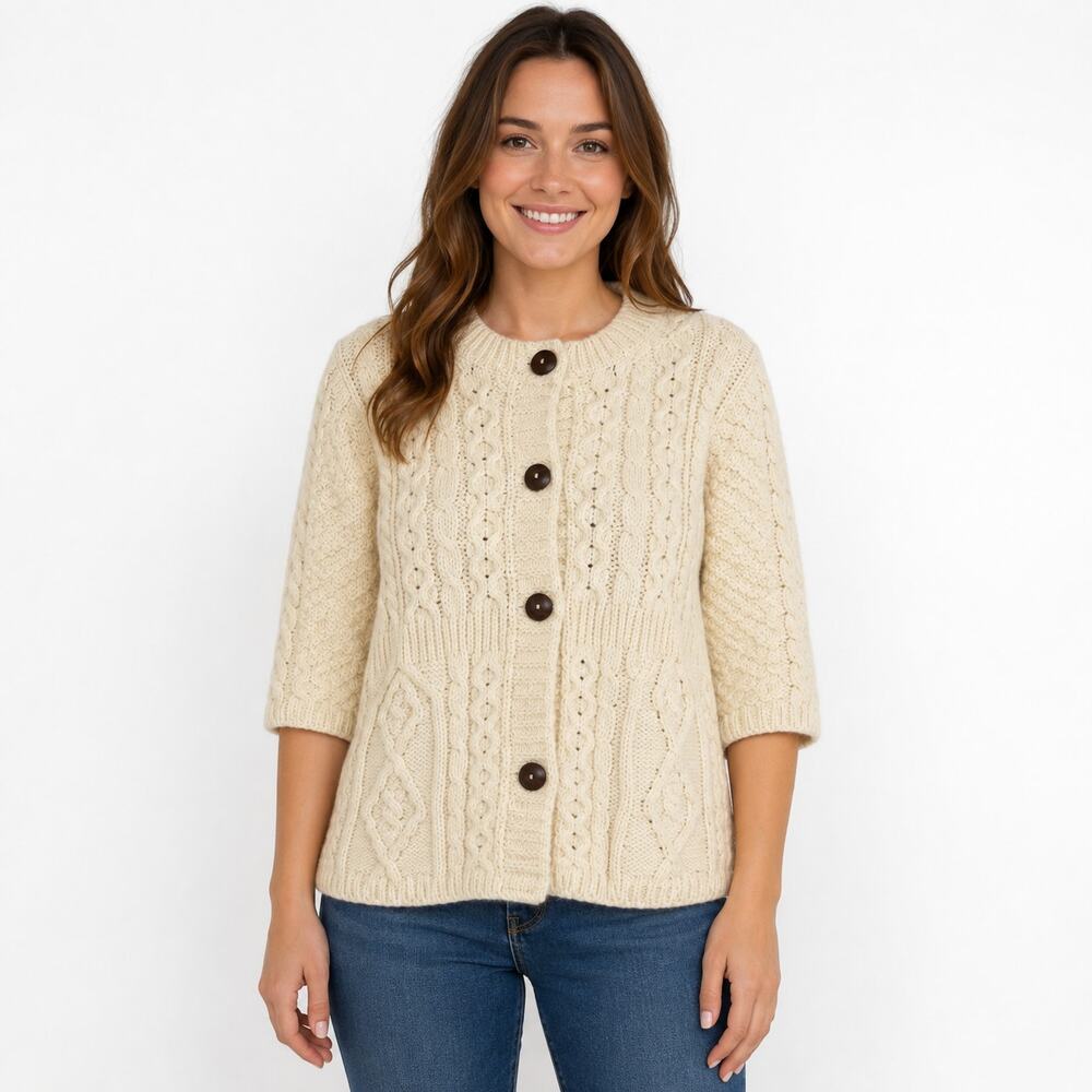 Kilronan Knitwear 100% Pure New Wool Irish Cable Knit Cardigan Sweater XXS